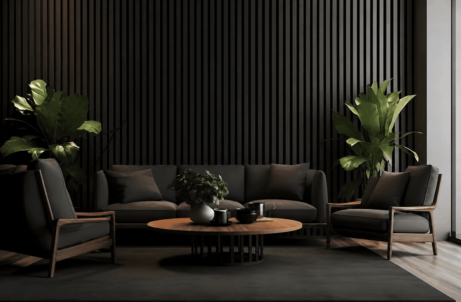 Luxury modern living room with wood slat paneling